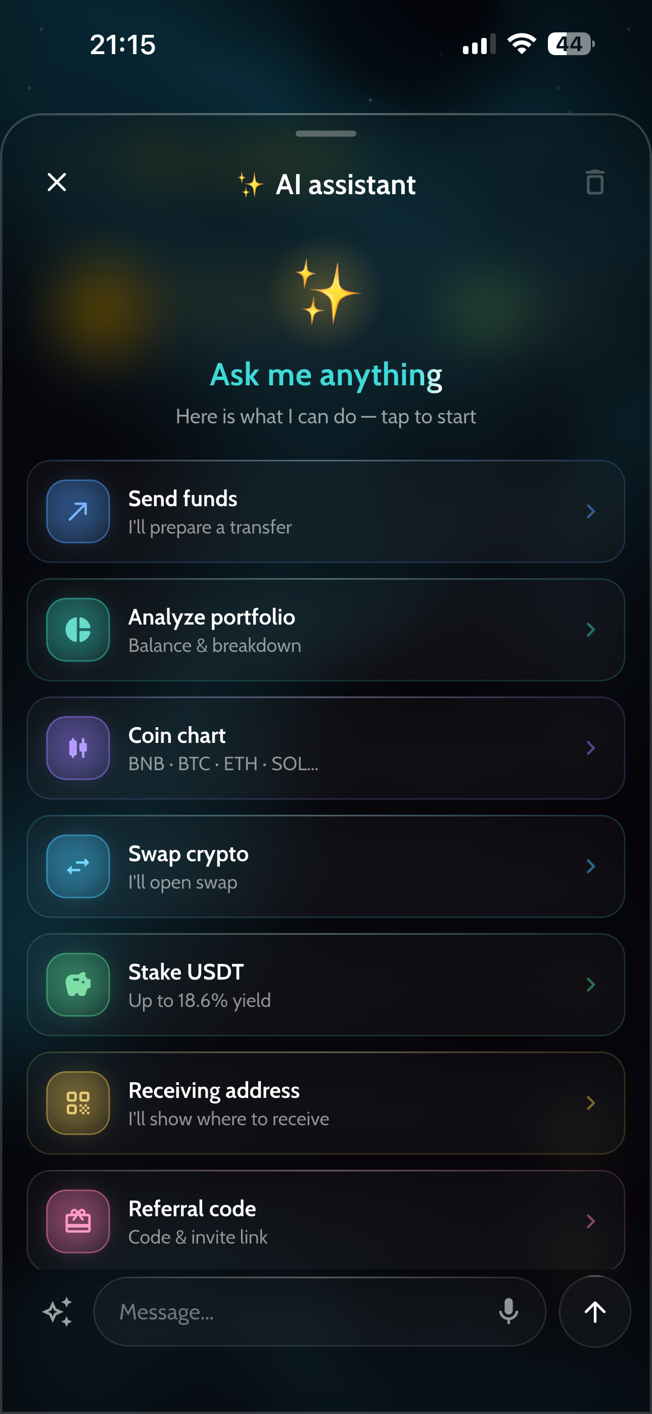 AI-ассистент AviaWallet — Ask me anything: Send funds, Analyze portfolio, Coin chart, Swap crypto, Stake USDT, Receiving address, Referral code