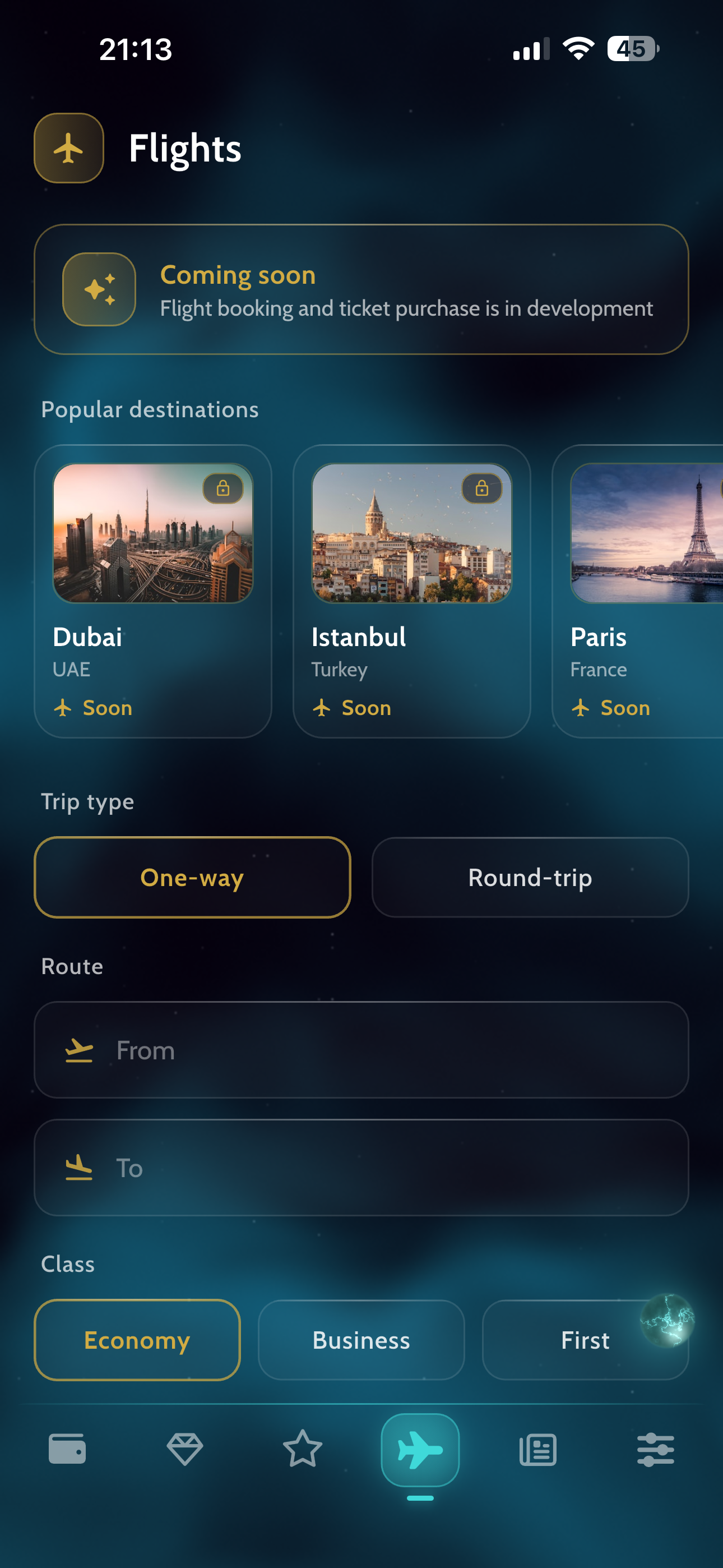 Раздел Flights в AviaWallet — Coming soon, бронирование в разработке; популярные направления Дубай, Стамбул, Париж, выбор класса Economy/Business/First