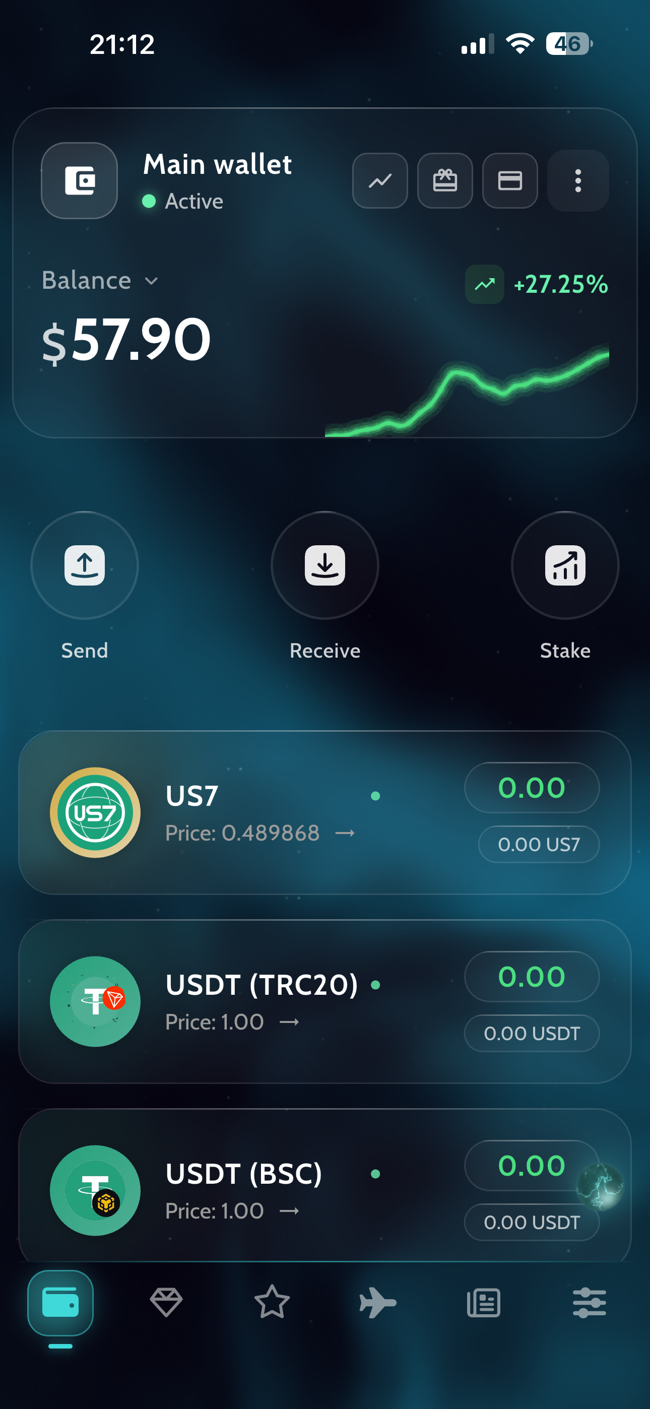 Главный экран AviaWallet — Main wallet, баланс $57.90 +27.25%, кнопки Send/Receive/Stake, токены US7, USDT TRC20 и USDT BSC
