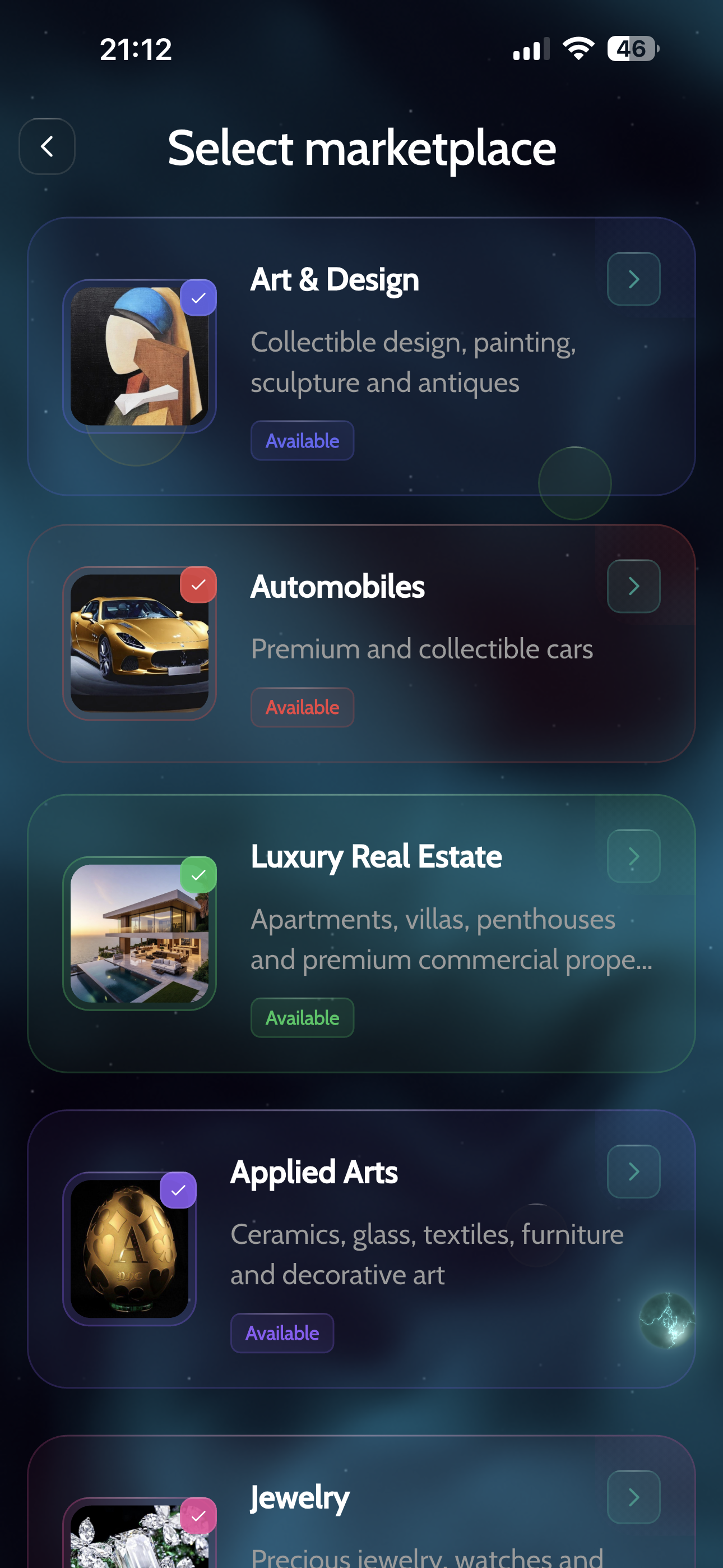 Выбор маркетплейса AviaWallet — категории Art & Design, Automobiles, Luxury Real Estate, Applied Arts