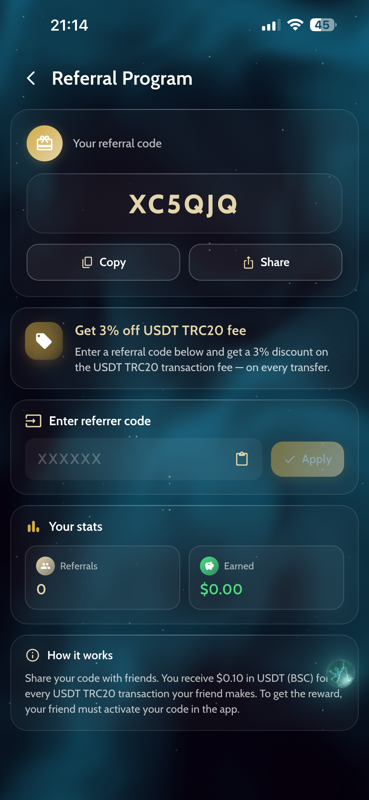 Реферальная программа AviaWallet — код XC5QJQ, скидка 3% на комиссию USDT TRC20, статистика рефералов и заработка