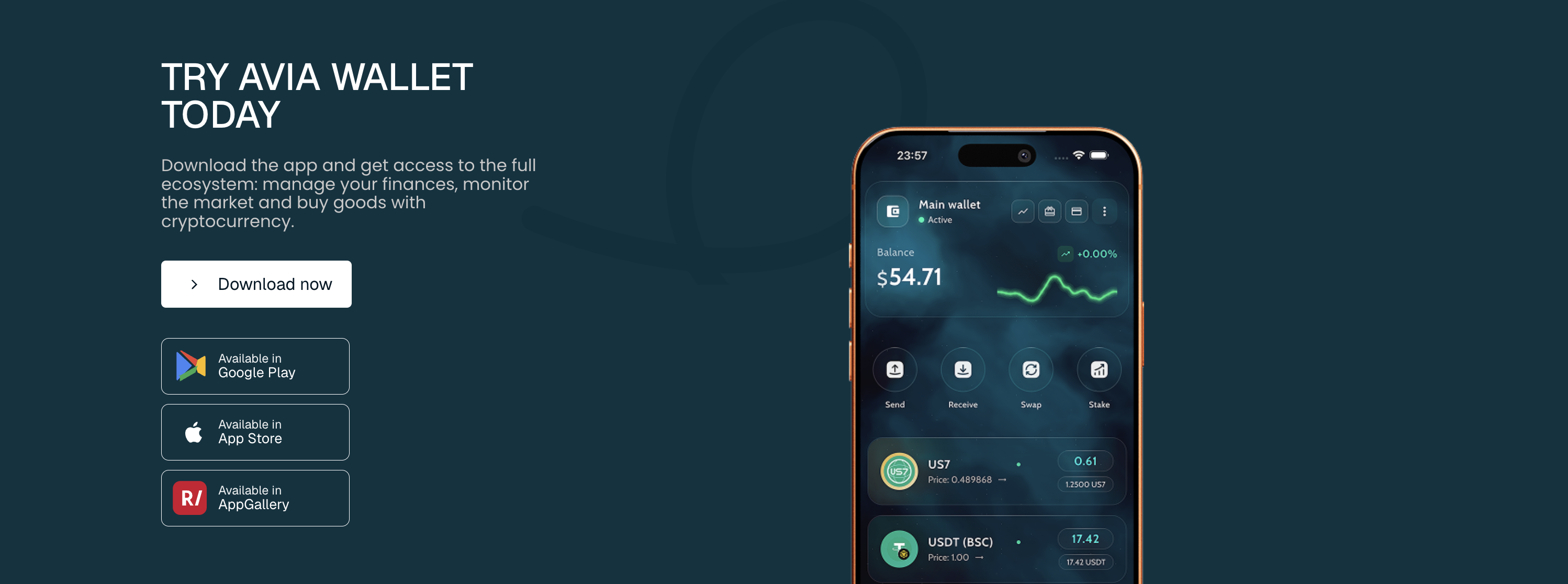 Try AviaWallet today — download to manage finances, monitor the market and buy goods with crypto; Google Play, App Store, AppGallery