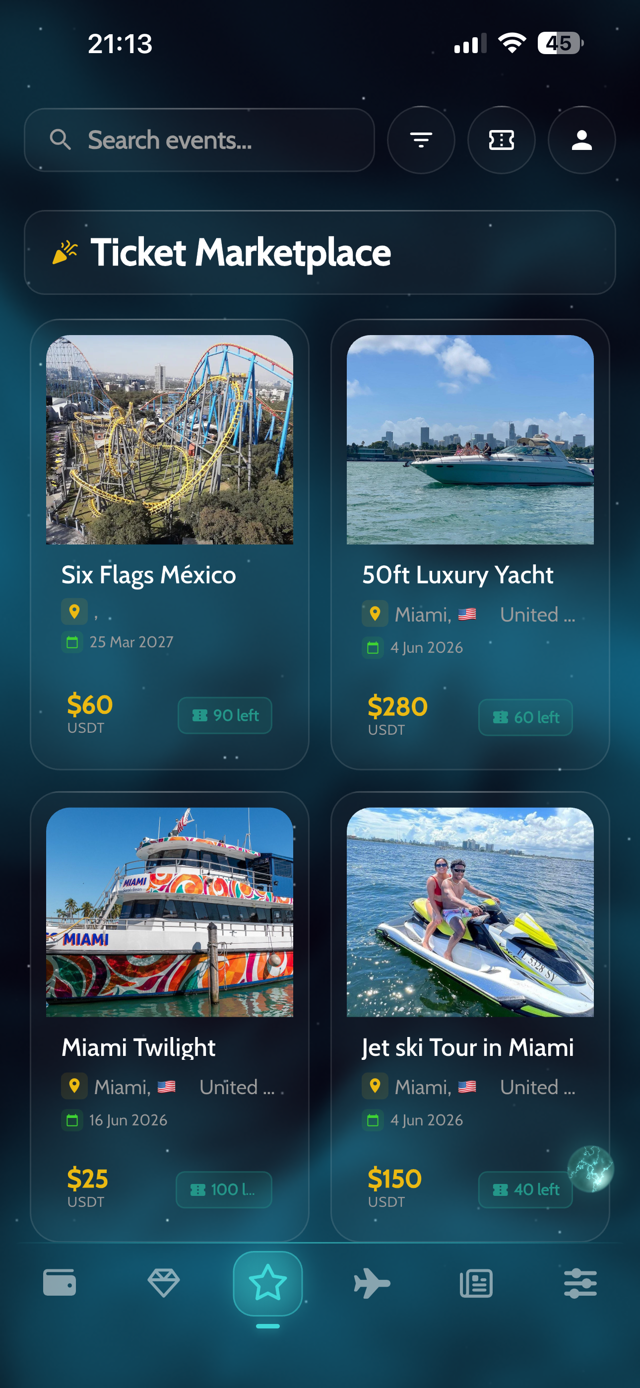 Ticket Marketplace AviaWallet — Six Flags México $60, аренда яхты 50ft $280, Miami Twilight $25, джет-ски тур в Майами $150