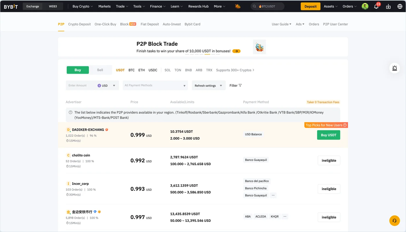 Bybit P2P interface