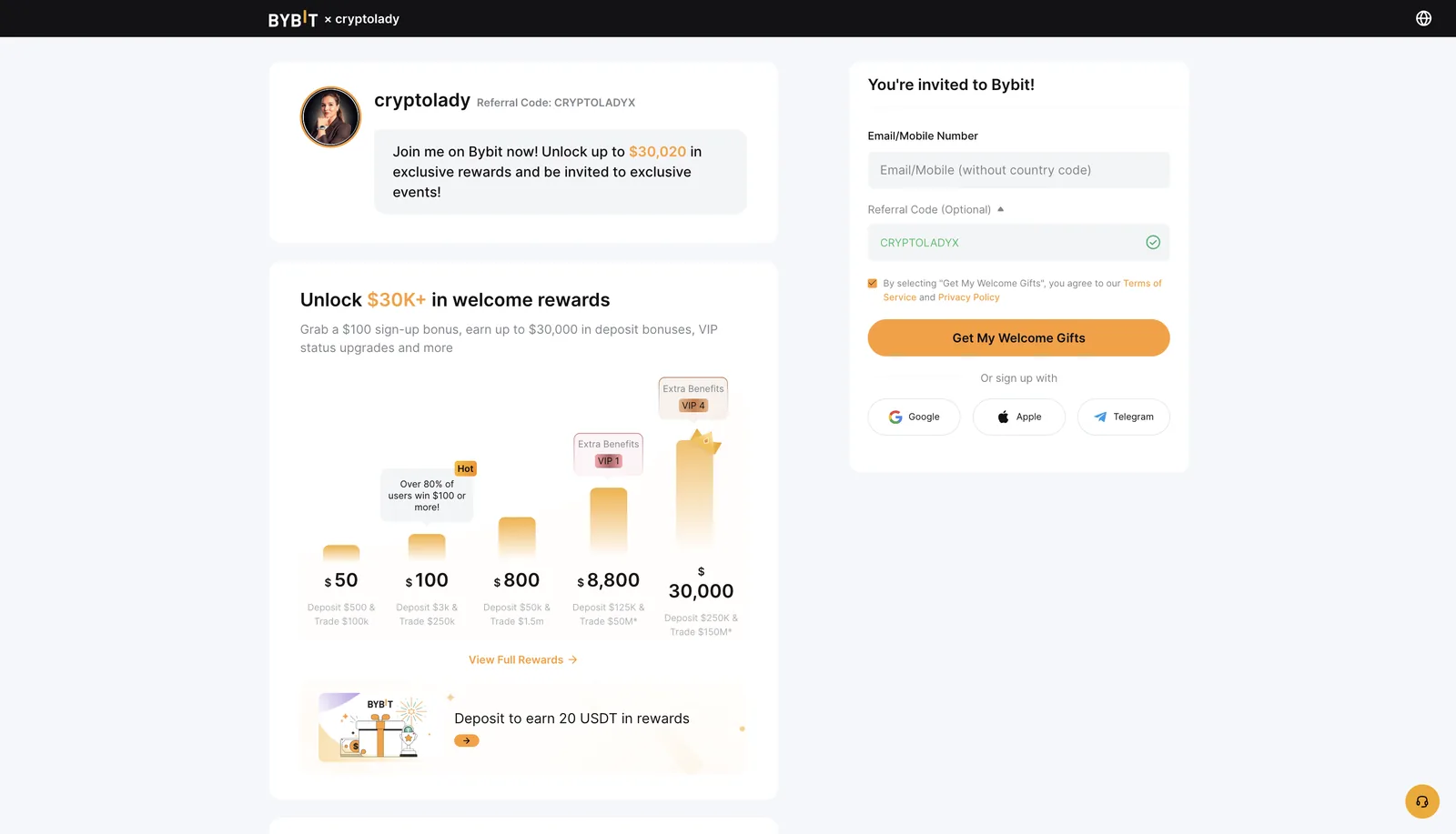 Bybit referral page: welcome rewards up to $30,000 in tiers based on deposit and trading volume, plus 20 USDT for a first deposit