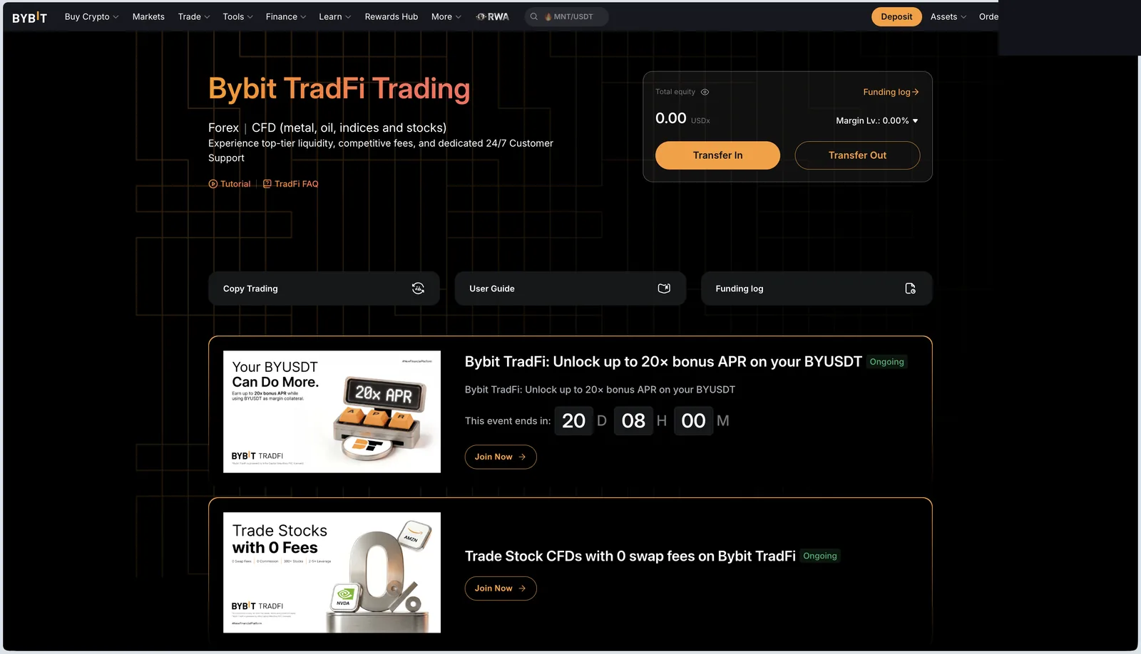 Bybit TradFi landing with 'Your BYUSDT Can Do More β Unlock up to 20x bonus APR on your BYUSDT' and 'Trade Stock CFDs with 0 swap fees', with a countdown to the end of the promo