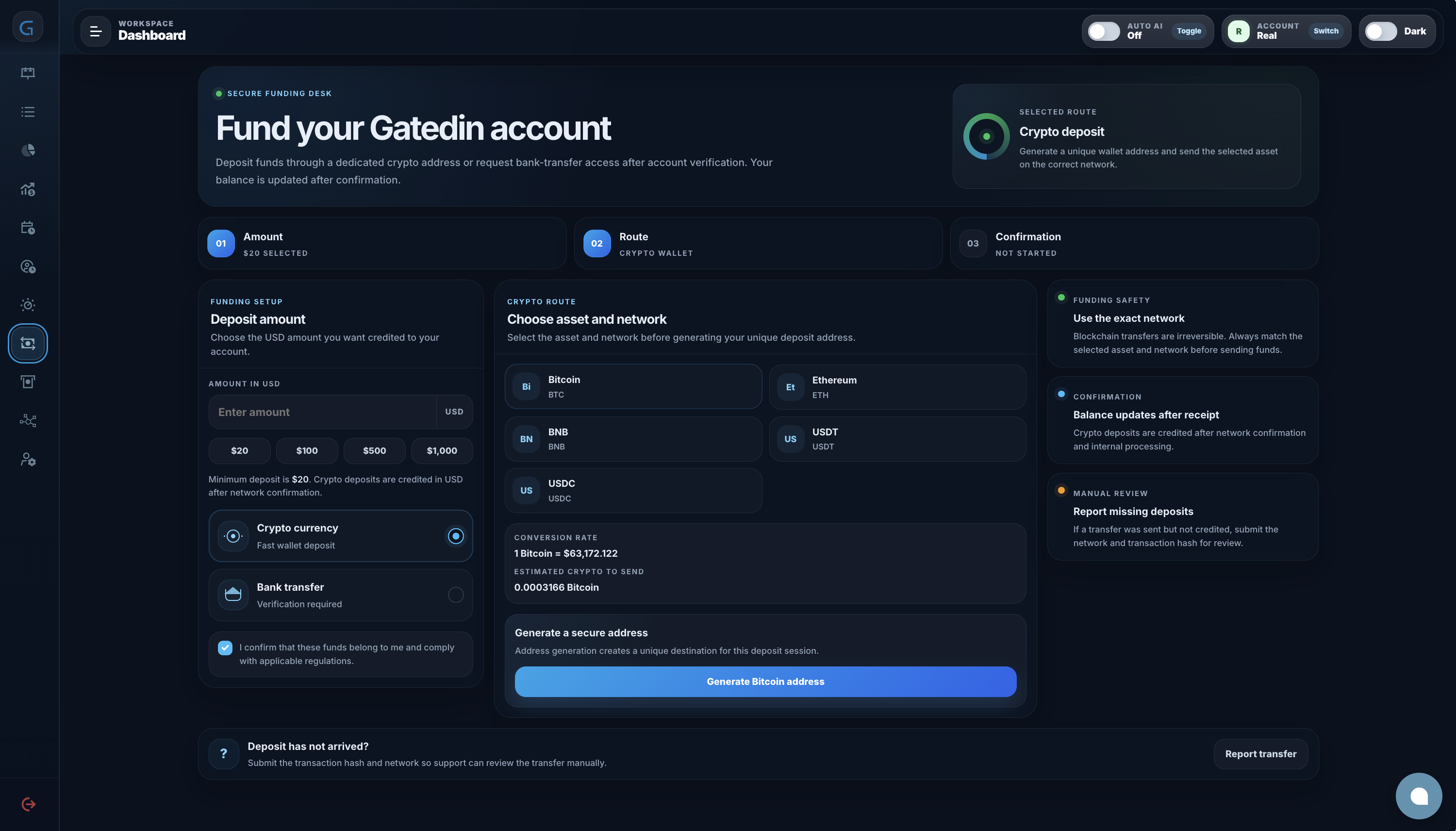 Gatedin — Fund your account, крипто-депозит: выбор актива и сети Bitcoin/Ethereum/BNB/USDT, генерация адреса, минимальный депозит $20
