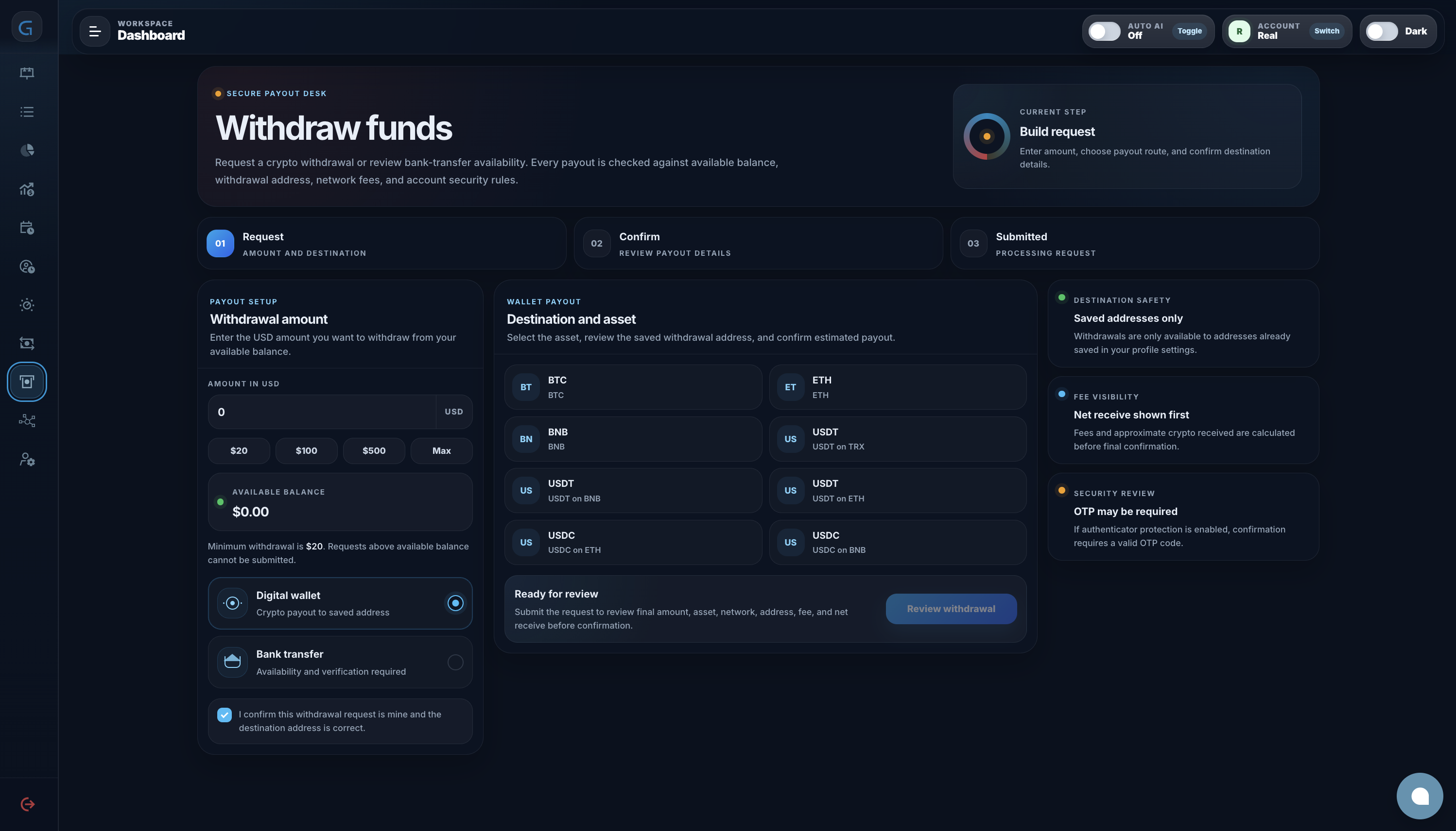 Gatedin — Withdraw funds, запрос вывода в крипте: ETH/USDT/USDC в сетях ETH/TRX/BNB на свой кошелёк