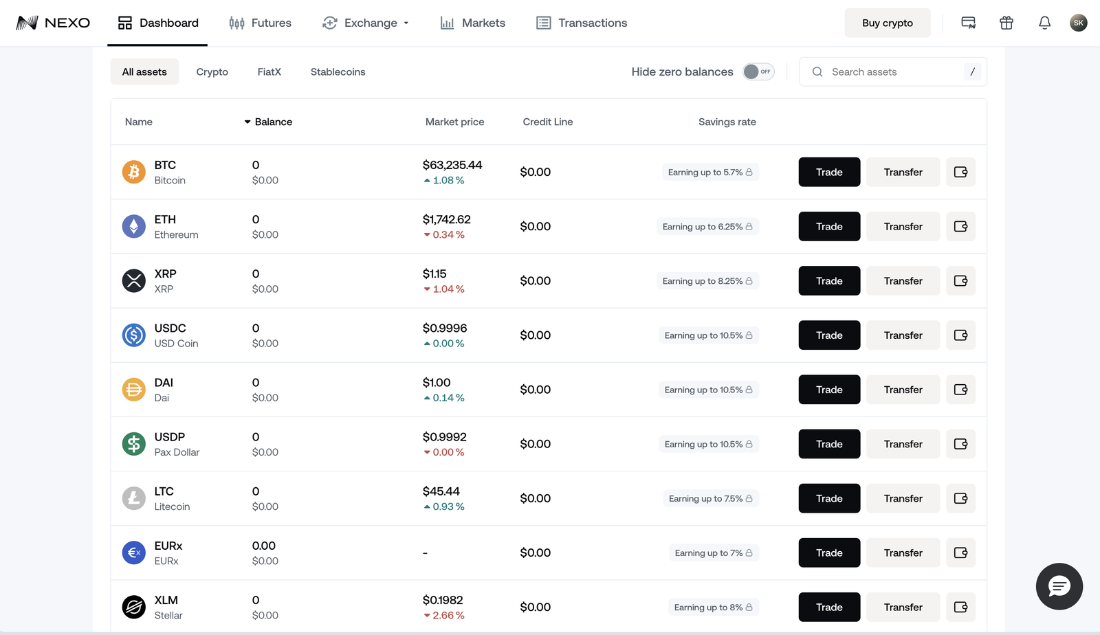 Nexo asset list with live Earn rates — BTC, ETH, stablecoins available as collateral