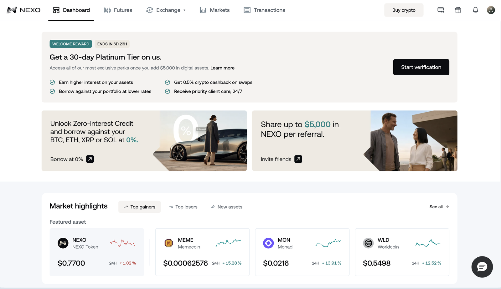 Nexo dashboard after onboarding — 30-day top-tier welcome banner, Zero-interest Credit promo and market overview