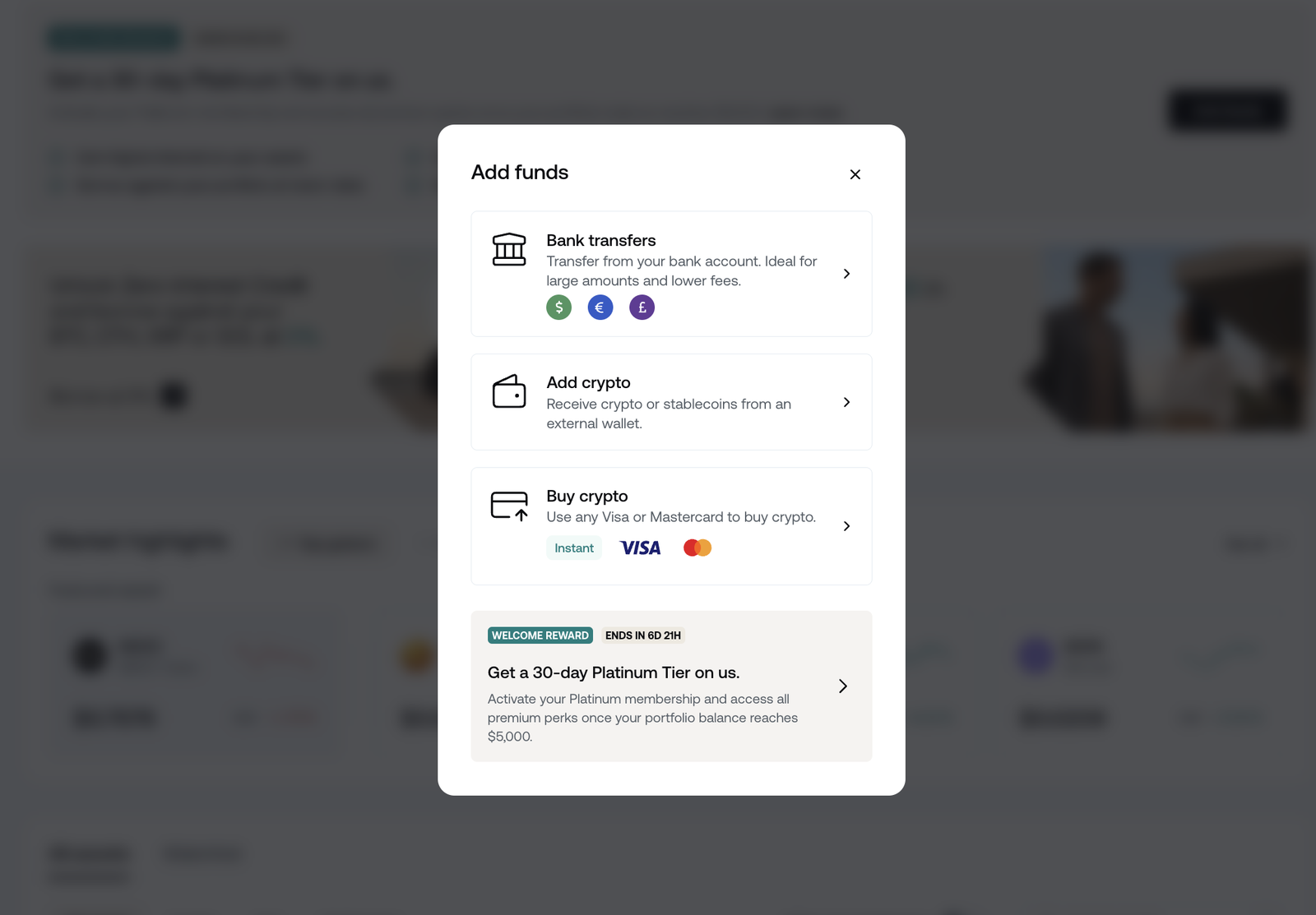 Nexo Add funds options — bank transfer, crypto deposit or card purchase, with the 30-day top-tier reward banner