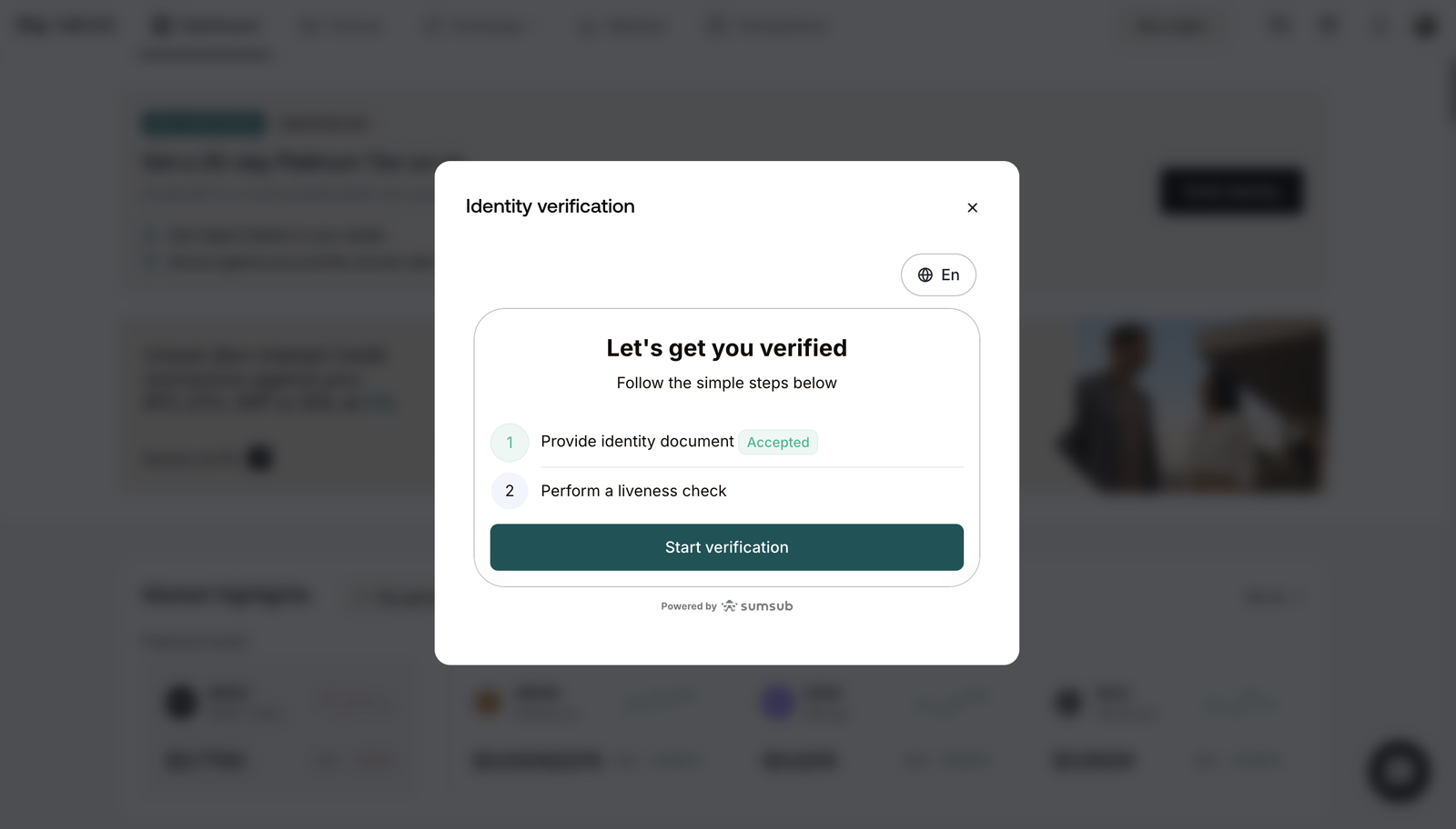 Nexo identity verification — Let's get you verified modal