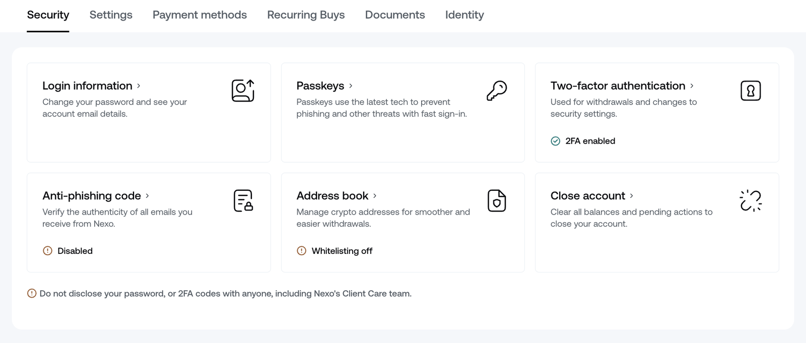 Nexo security settings — 2FA, anti-phishing code, address book whitelisting and passkeys