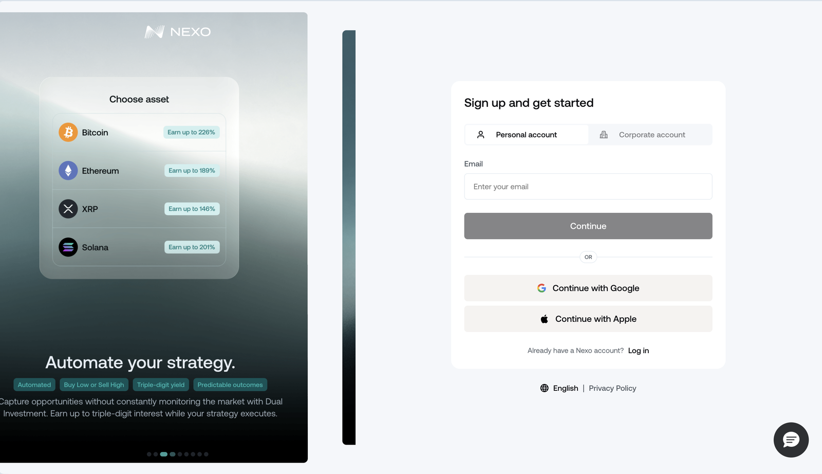 Nexo registration screen — email signup with Google and Apple options